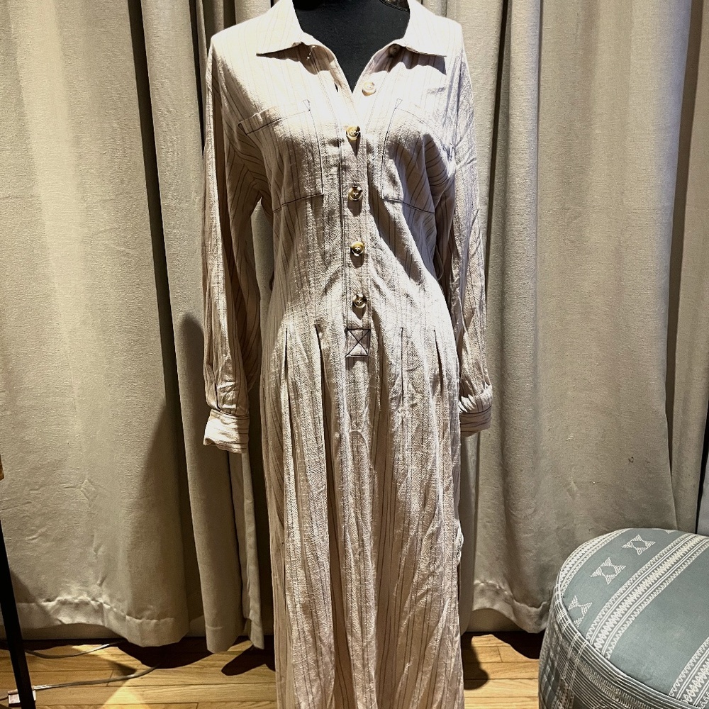 Free People Button Front Striped Midi Shirt Dress Khaki Combo Size M